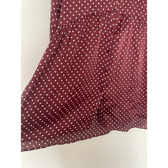 Zara Satin Polka Dot Button Up Tunic Top XS Burgundy Hi Low Tie Sleeve - Picture 6 of 11